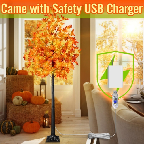 210cm LED Fall Tree with Lights, LED Lighted Maple Tree with Timer, LED Maple Tree with Lights for Fall&Thanksgiving Decor, Prelit Artificial Maple