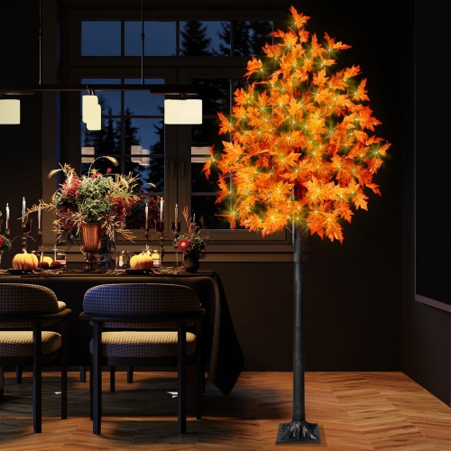210cm LED Fall Tree with Lights, LED Lighted Maple Tree with Timer, LED Maple Tree with Lights for Fall&Thanksgiving Decor, Prelit Artificial Maple