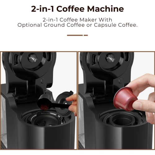 Single Serve Coffee Maker, Coffee Brewer for K-Cups Pods and Ground Coffee, Capsule Coffee Machine with 40 oz Water Tank, Black