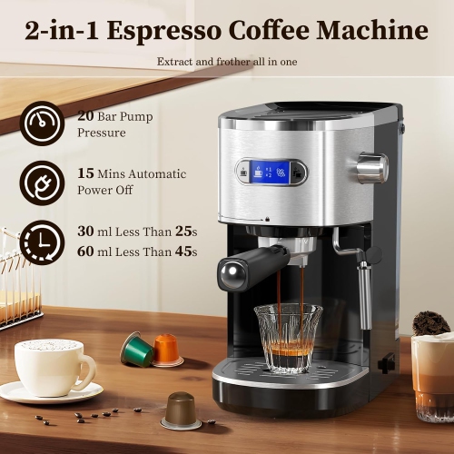 Espresso Machine 20 Bar, Semi-Automatic Coffee Machine for Cappuccino & Latte with Milk Frother Steam Wand,LCD Display,45 oz Removable Water Tank
