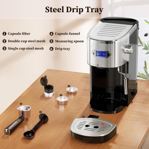 Espresso Machine 20 Bar, Semi-Automatic Coffee Machine for Cappuccino & Latte with Milk Frother Steam Wand,LCD Display,45 oz Removable Water Tank