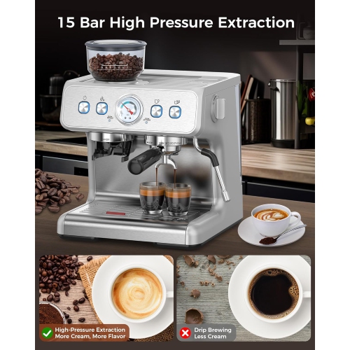 Espresso Machines with grinder, 20 Bar Professional Espresso Maker with Milk Frother Steam Wand&Removable Water Tan for Home,Stainless Steel