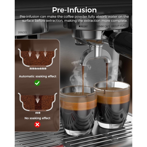 Espresso Machines with grinder, 20 Bar Professional Espresso Maker with Milk Frother Steam Wand&Removable Water Tan for Home,Stainless Steel