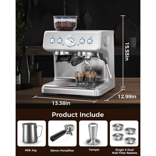 Espresso Machines with grinder, 20 Bar Professional Espresso Maker with Milk Frother Steam Wand&Removable Water Tan for Home,Stainless Steel