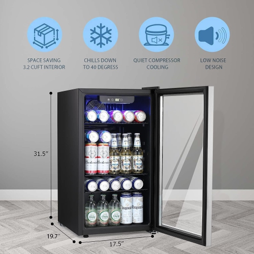 Antarctic Star Small Drink Dispenser with Clear Front Door, Beverage Refrigerator Cooler-120 Can Mini Fridge Glass Door, Silver