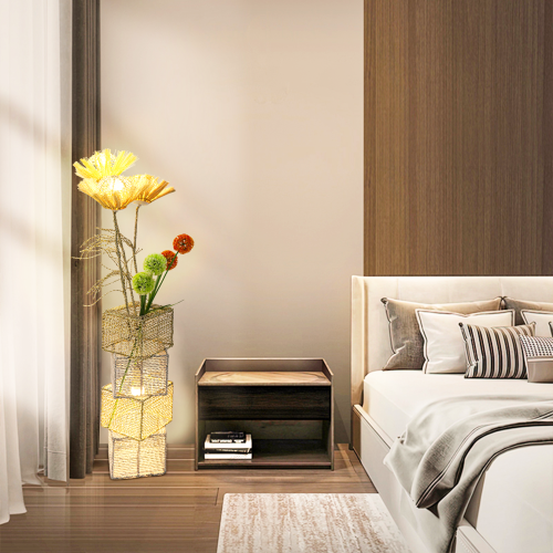 Decorative Pastoral Led Floor Lamp Hand-Woven Rattan Wicker Art Floor Standing Lamps Accents for Home, Living Area, Hotel