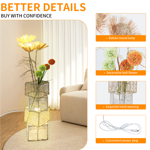 Decorative Pastoral Led Floor Lamp Hand-Woven Rattan Wicker Art Floor Standing Lamps Accents for Home, Living Area, Hotel