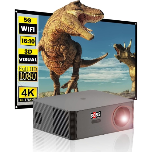 Boss Projector Mini 4K Portable Smart Projector with Auto Focus Offers Stunning Visuals, 5G WiFi, Bluetooth, and Compatibility with iPhone, TV Stick