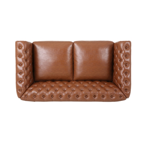 61" Retro PU Leather Chesterfield Loveseat with Button Tufted and Rolled Arm, Mid Century Small Couch Sofa Love Seat for Bedroom, Office, Living Room