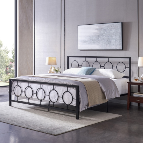 YOULIGHTS King Size Classical Metal Bed Frame With Circular Design Headboard And Footboard, Under Bed Space, Black