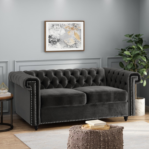Loveseat Sofa, Mid-Century Button Tufted Upholstered Sofa with Scroll Arms and Nailhead, 2 Seater Couch for Living Room, Bedroom, Office