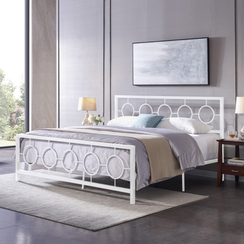 YOULIGHTS  King Size Classical Metal Bed Frame With Circular Design Headboard And Footboard, Under Bed Space In White