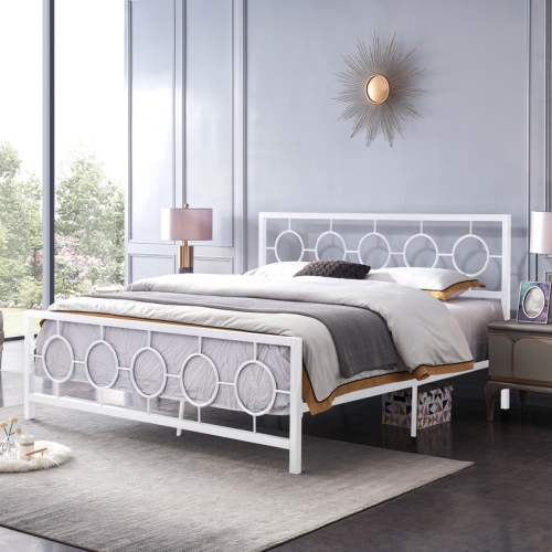 King size Classical Metal Bed Frame with Circular Design Headboard and Footboard, Under Bed Space, White