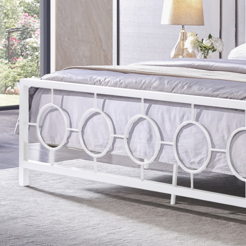 King size Classical Metal Bed Frame with Circular Design Headboard and Footboard, Under Bed Space, White