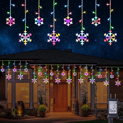 Christmas Snowflake Lights, 17.22ft 264 LED Icicle Lights Outdoor with 22 Drops, 8 Modes Waterproof Connectable Christmas Light