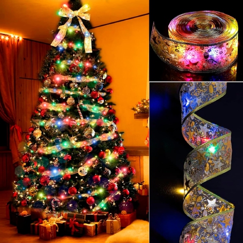 OLLNY DECOR  Christmas Tree Decorations Ribbon With Colorful Lights 32Ft 100 Led Fairy Lights Battery-Powered Copper Wire Ribbon Bows Lights In Gold