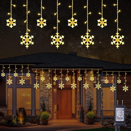 Christmas Snowflake Lights Outdoor, 17.22ft 264 LED Snowflake Icicle Lights with 22 Drops, 8 Modes connectable Plug in Christmas Light Waterproof