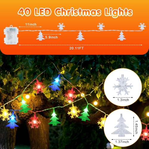 20 FT Christmas Lights,40 LEDs Snowflake Christmas Tree Lights with 8 Modes, LED Battery Operated Christmas Fairy Lights
