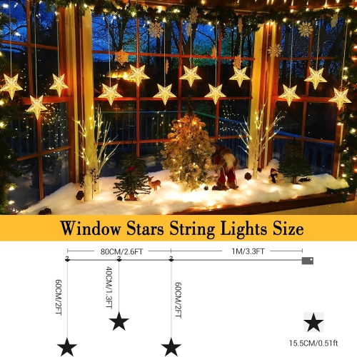 Christmas Window Lights Battery Operated, 3 Stars 30LED Waterproof Star String Lights 8 Modes with Timer Memory