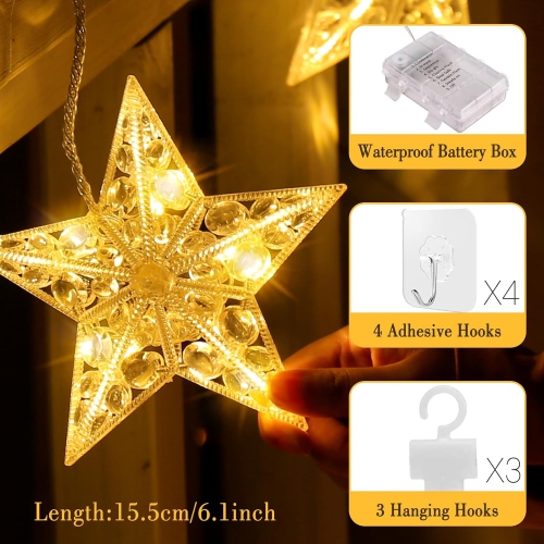 Christmas Window Lights Battery Operated, 3 Stars 30LED Waterproof Star String Lights 8 Modes with Timer Memory