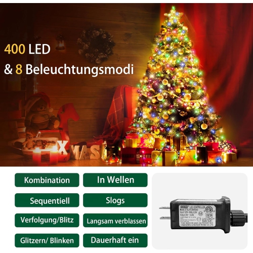Christmas Tree Lights - 400 LED Christmas Lights6.6FT x 16 String Lights Christmas Lights with 8 Modes and Memory Function with Timer Function
