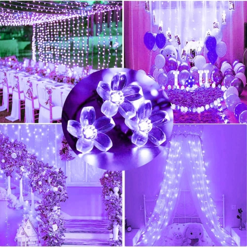 Guirlande de lumières, lumières violettes Décoration de pièce Lumières de 33 pi 100LED 8 modes Fleurs d'intérieur de fête de mariage LED lumières