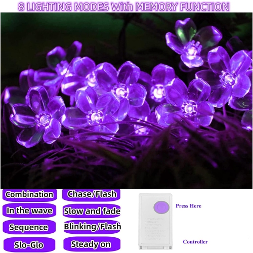 Guirlande de lumières, lumières violettes Décoration de pièce Lumières de 33 pi 100LED 8 modes Fleurs d'intérieur de fête de mariage LED lumières