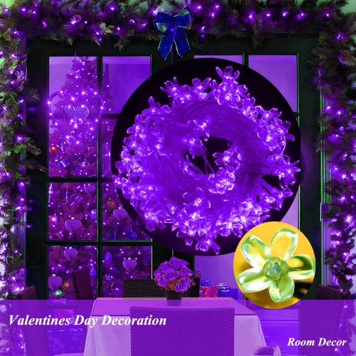 Guirlande de lumières, lumières violettes Décoration de pièce Lumières de 33 pi 100LED 8 modes Fleurs d'intérieur de fête de mariage LED lumières