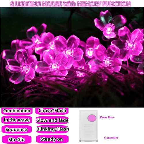 Lumières de Noël, lumières roses Décoration de chambre Jeu de fleurs 33 pi 100LED 8 modes Fleurs d'intérieur de fête de mariage LED lumières pour