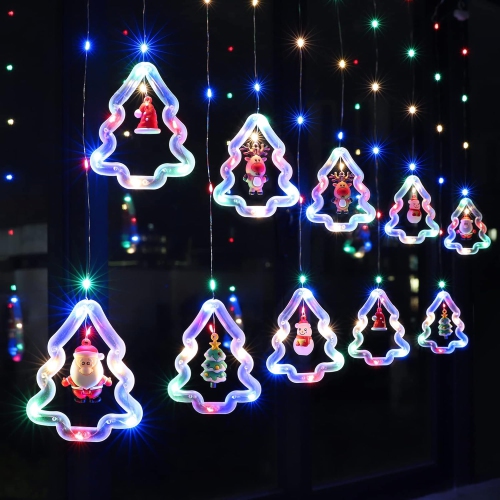 Christmas Window Lights Lighted Xmas Window Decorations - Tree Shape Ring Light with Ornament Curtain Light Indoor - USB Novelty String Hanging Lights
