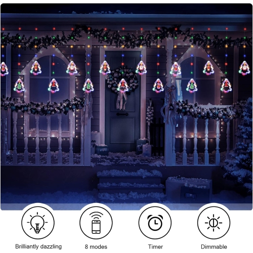 Christmas Window Lights Lighted Xmas Window Decorations - Tree Shape Ring Light with Ornament Curtain Light Indoor - USB Novelty String Hanging Lights