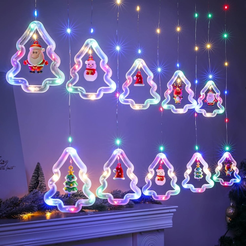 Christmas Window Lights Lighted Xmas Window Decorations - Tree Shape Ring Light with Ornament Curtain Light Indoor - USB Novelty String Hanging Lights