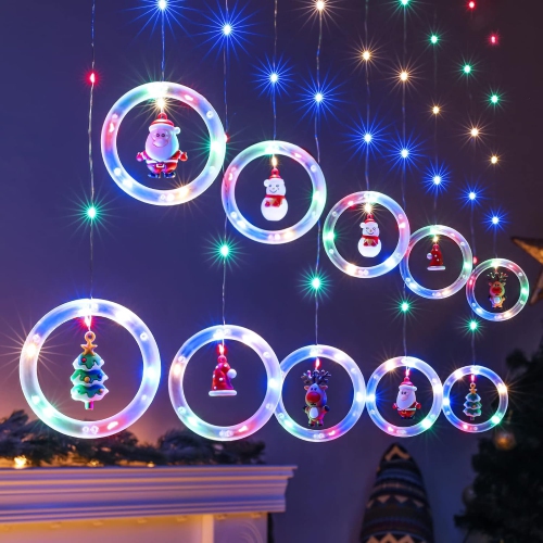 OLLNY DECOR  Window Lights Christmas Decor Ring Lights \w Ornament Led Curtain Lights Indoor Outdoor USB 9.8Ft Multicolor Christmas String Lights