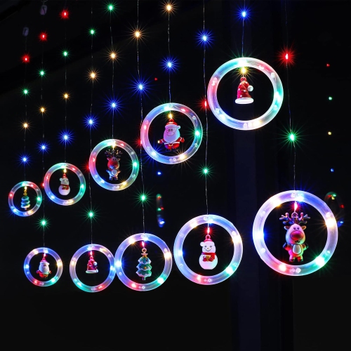 Lumières de fenêtre Décoration de Noël Anneaux lumineux avec décoration LED Rideaux lumineux d'intérieur/extérieur USB 9.8 pi Jeu de lumières de