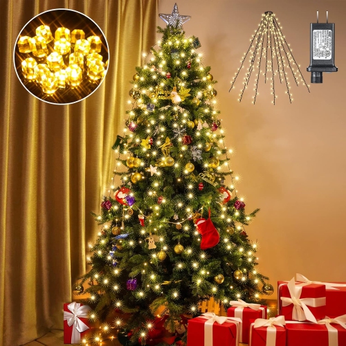 OLLNY DECOR  Christmas Tree Lights Warm \w Timer, 6.6Ft X 10 Lines 400 Diamond Led Beads, Easy to Install Christmas String Lights \w 8 Modes