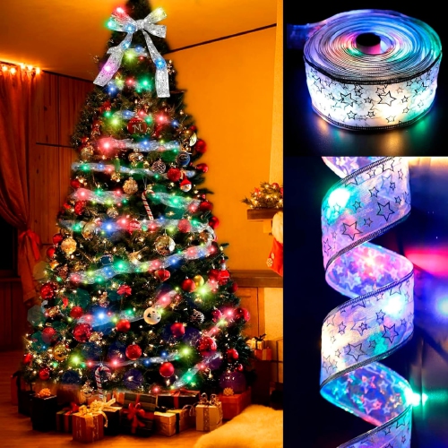 OLLNY DECOR  Christmas Decorations, 32Ft Ribbon Colorful Christmas Lights \w 100 Led Fairy Lights Battery Powered Wire Ribbon Bows Lights For