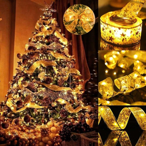 Christmas Tree Decorations Gold Ribbon Lights 32ft 100 Led Fairy Lights Battery-Powered Copper Wire Ribbon Bows Lights for Halloween Xmas Tree New