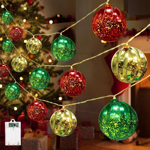 OLLNY DECOR  Christmas Decorations Lights, 13.5Ft 20 Led Battery Christmas Lights With Timer & 8 Modes, Christmas Ball Ornaments Lights