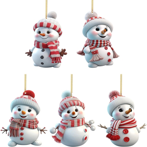 Acrylic Christmas Tree Hanging Ornament: 5pcs Personalized Funny Cute Snowman Small Hanging Decorations with String