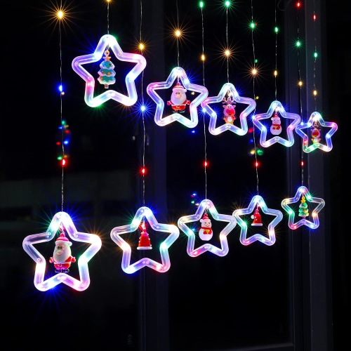 Christmas Curtain Lights Indoor Hanging Window Light 10 Stars Ring with Xmas Ornaments - USB Remote Control 9.8ft Christmas Window Lights Decorations