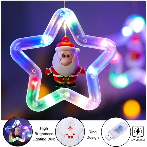 Christmas Curtain Lights Indoor Hanging Window Light 10 Stars Ring with Xmas Ornaments - USB Remote Control 9.8ft Christmas Window Lights Decorations