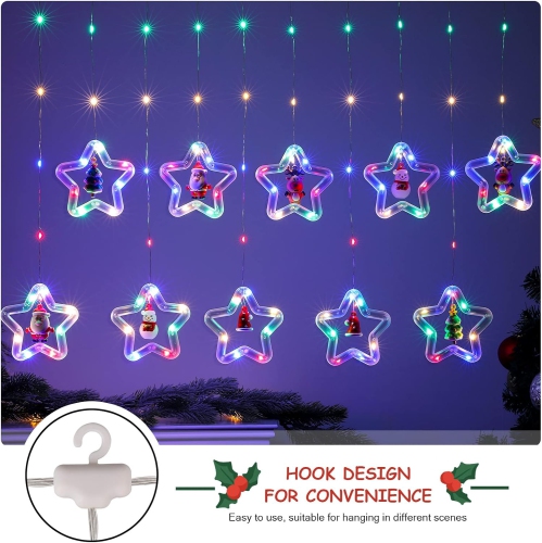 Christmas Curtain Lights Indoor Hanging Window Light 10 Stars Ring with Xmas Ornaments - USB Remote Control 9.8ft Christmas Window Lights Decorations