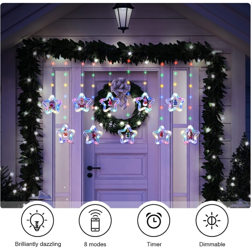 Christmas Curtain Lights Indoor Hanging Window Light 10 Stars Ring with Xmas Ornaments - USB Remote Control 9.8ft Christmas Window Lights Decorations