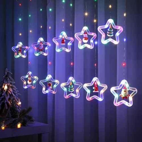 Christmas Curtain Lights Indoor Hanging Window Light 10 Stars Ring with Xmas Ornaments - USB Remote Control 9.8ft Christmas Window Lights Decorations