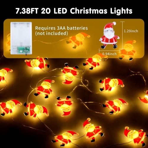 7FT Christmas Lights Outdoor, 20LED 2 Modes Christmas Santa Claus Lights, Battery Operated Waterproof Christmas Fairy Lights Indoor for Christmas