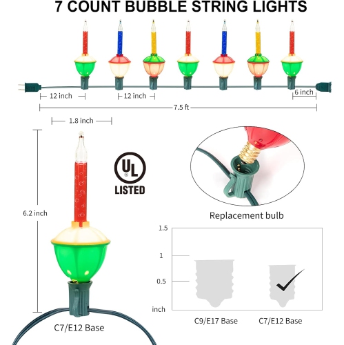 Lumières à bulles de Noël multicolores avec 7 ampoules transparentes , homologuées UL pour éclairage de célébrations de Noël des Fêtes, fil vert
