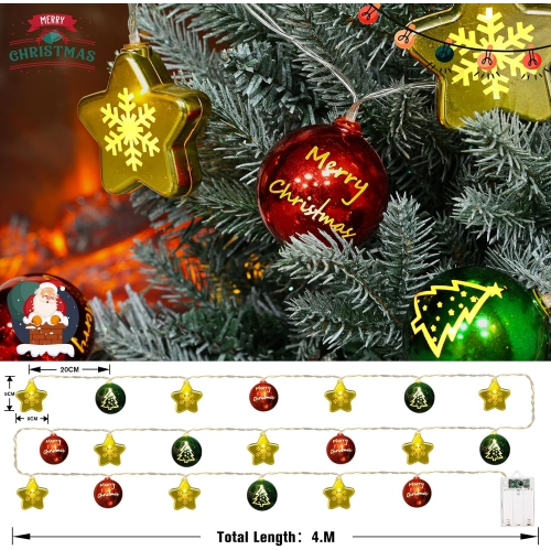 Christmas Decorations Lights, 13.5ft 20 Led Battery Christmas Lights with Timer & 8 Modes, Christmas Ball & Star Ornaments Lights