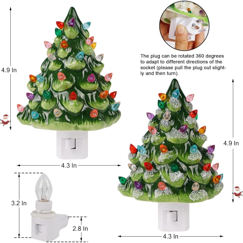 Set of 2 Ceramic Christmas Tree Night Light, 6" Christmas Decorative Ceramic Tree