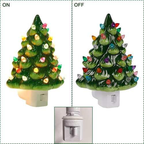 Set of 2 Ceramic Christmas Tree Night Light, 6" Christmas Decorative Ceramic Tree