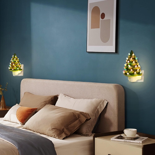 Set of 2 Ceramic Christmas Tree Night Light, 6" Christmas Decorative Ceramic Tree